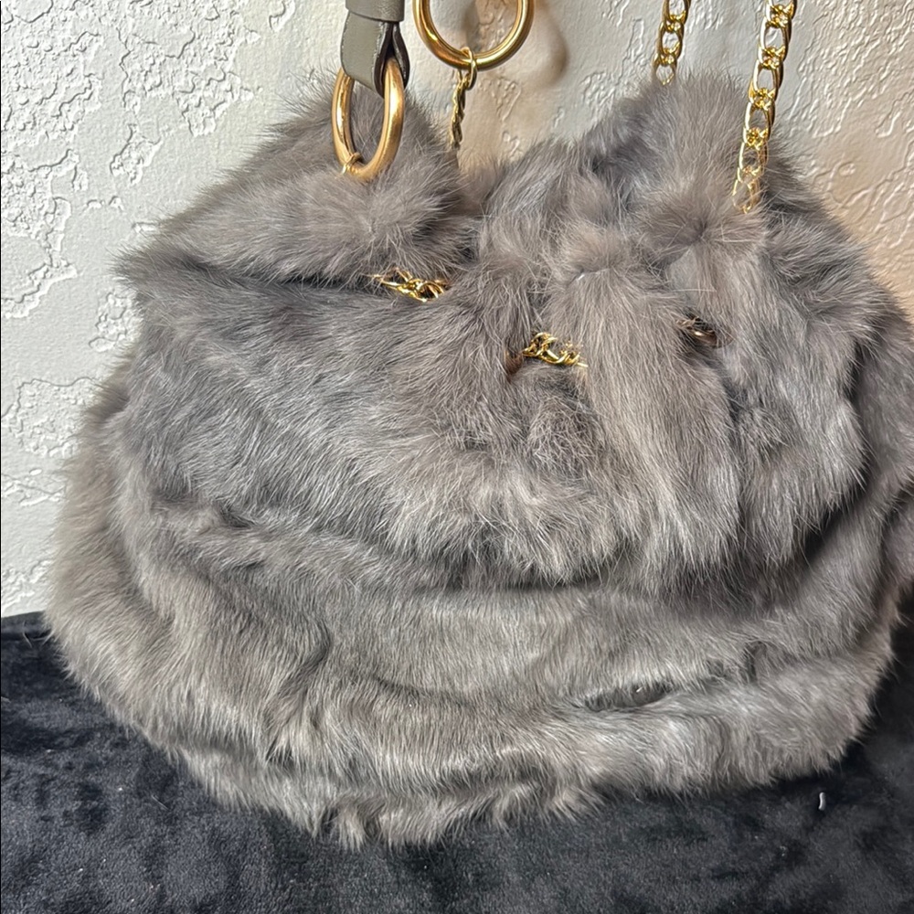 BCBGirls Gray Faux Fur Shoulder Bag with Gold Chain